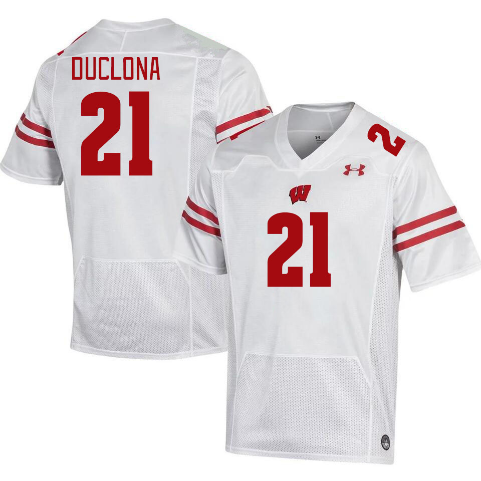 Men #21 Jonas Duclona Winsconsin Badgers College Football Jerseys Stitched Sale-White - Click Image to Close
